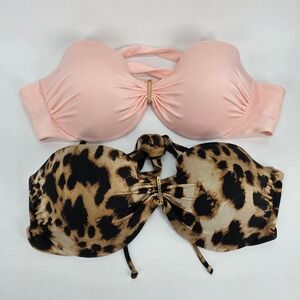 Lot 2 Victoria's Secret Bikini Top Pink Leopard Animal Bandeau Halter Ruched 36D